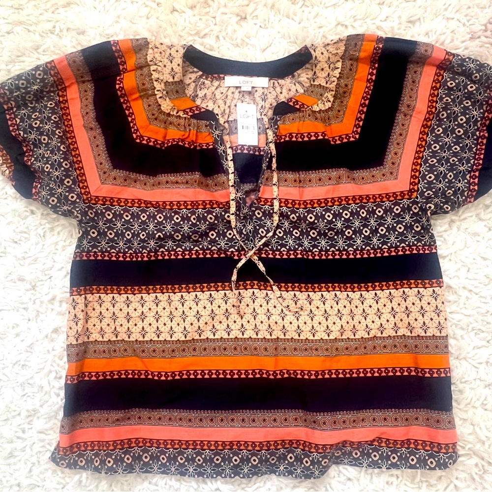 Loft NWT Navy Rust Orange Puff Sleeve Tie Neck Boho Blouse